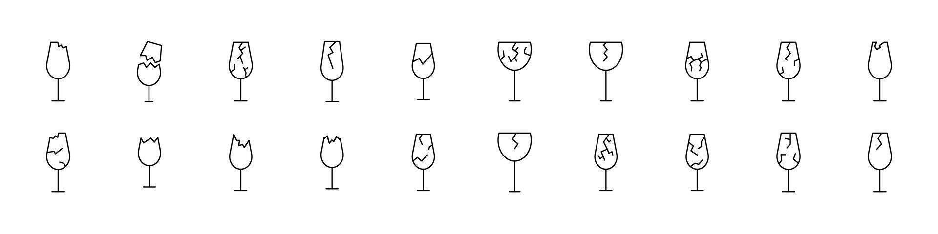 Set of Line Icons of Broken Glass of Wine. Minimalistic Linear Pictogram for Web and Graphic Design, Apps, Banners, Social Network and Cards vector