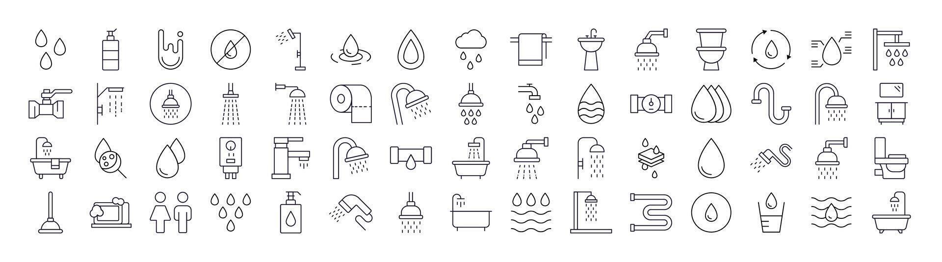 Water, Bathroom and Shower Simple Isolated Line Icons Collection. Editable Stroke. Perfect for Web Sites, Books, Cards, Apps vector