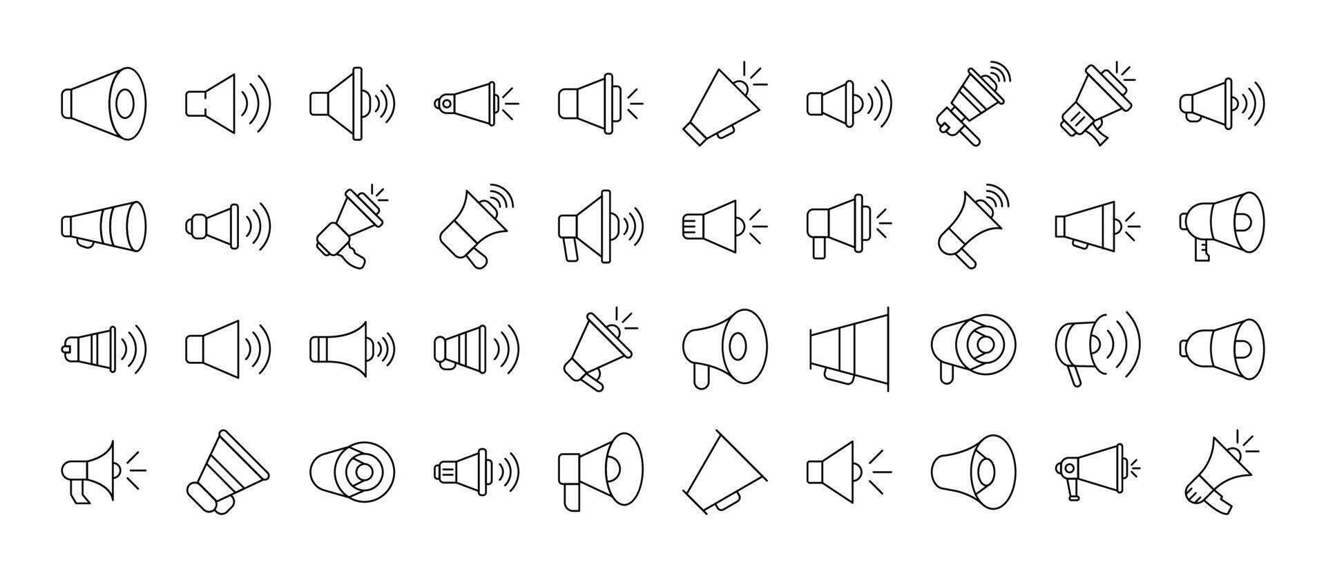 Loud Speaker Line Icon Pack. Outline Signs for Graphic and Web Design, Apps, Adverts, Various Cards vector