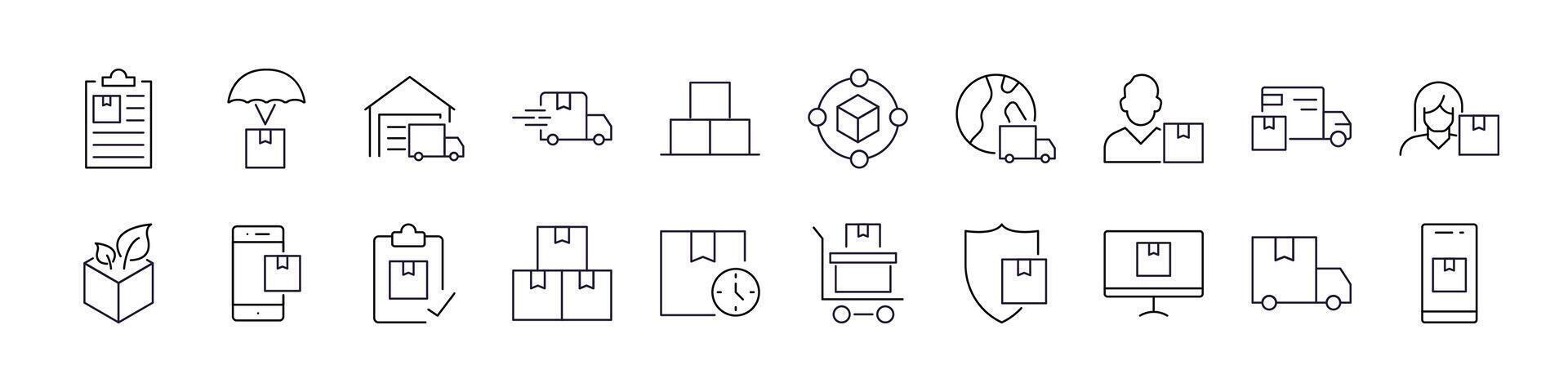 Delivery Line Icon Bundle. Truck, Box, Shipping Outline Signs for Graphic and Web Design, Apps, Adverts, Various Cards vector