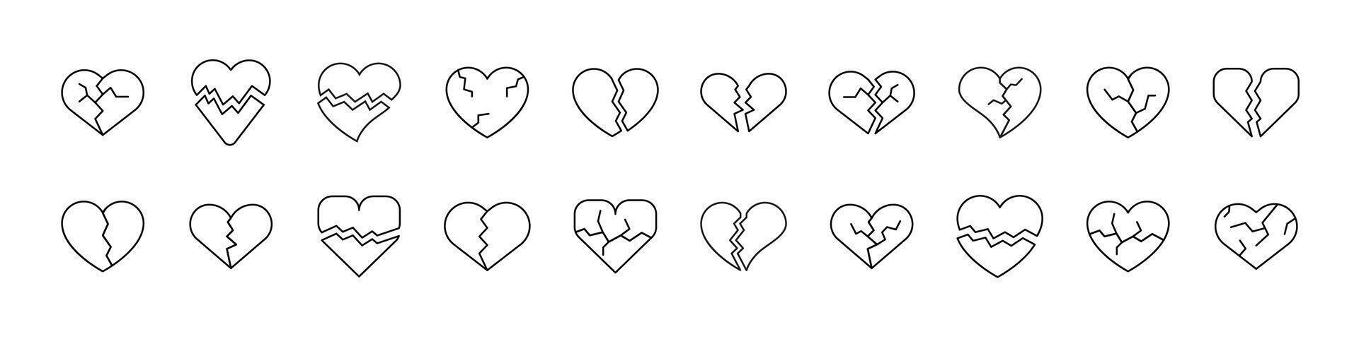 Broken Heart Thin Line Icon Set. Outline Signs for Graphic and Web Design, Apps, Adverts, Various Cards vector