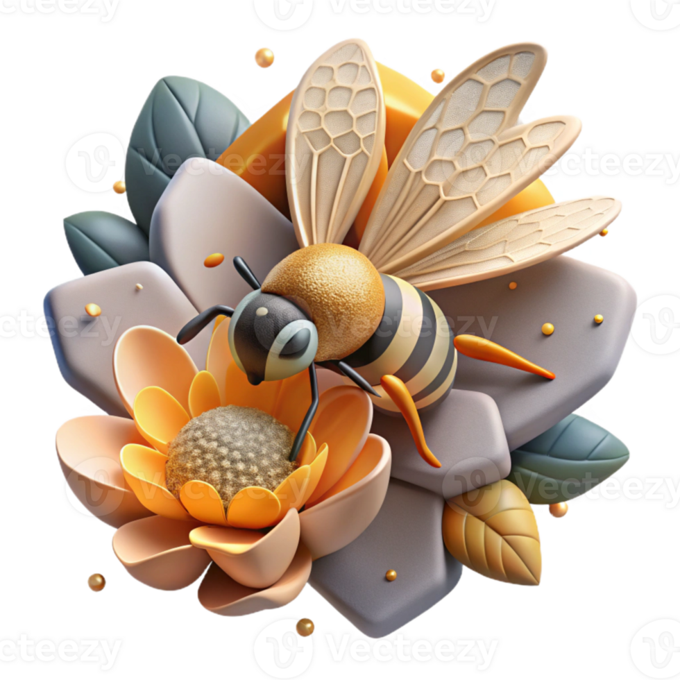 vibrant artistic Bee Pollinating Flower Cutout with Pollen Detail detailed png