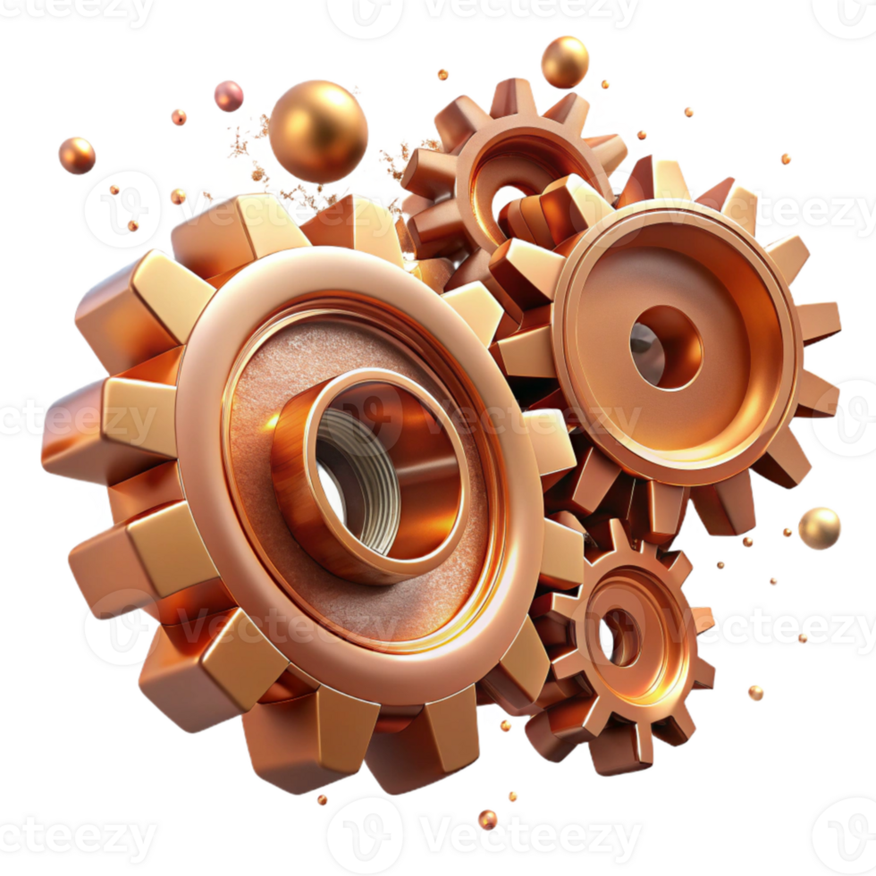 beautiful rustic Copper Brown Metallic Gears Isolated with Transparent Background and Industrial Design high quality png