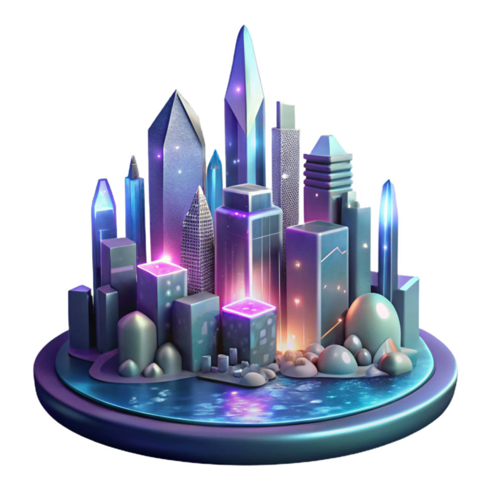 vibrant modern Nighttime Water City Skyline Isolated with Glowing Windows detailed png