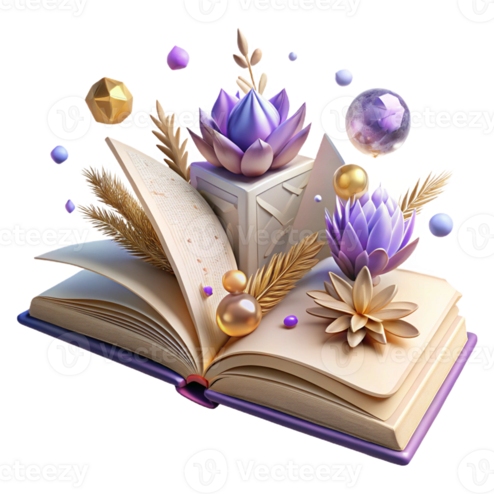 dramatic contemporary Open Book with Dried Flowers Isolated Transparent Background authentic png