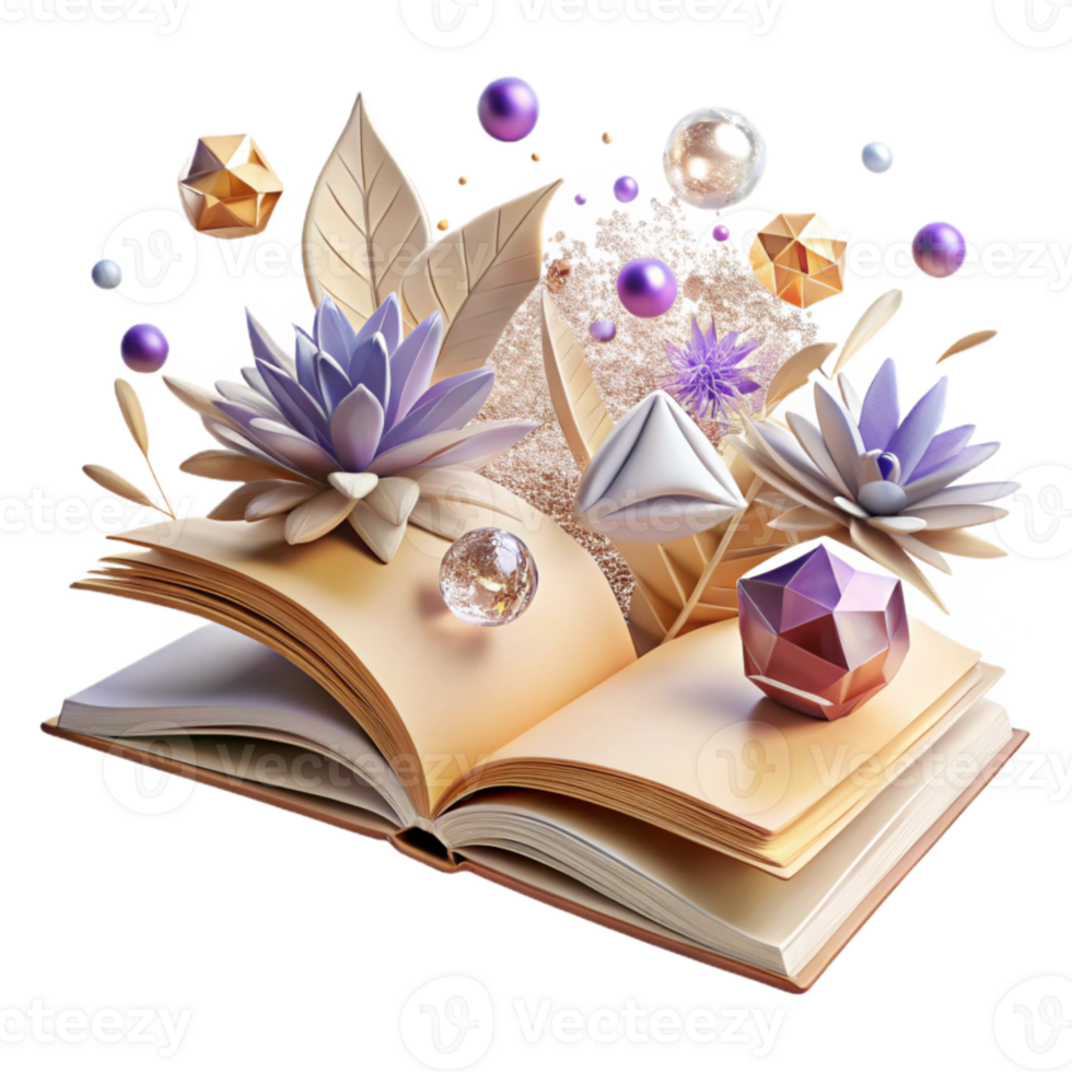 elegant modern Open Book with Dried Flowers Isolated Transparent Background detailed png