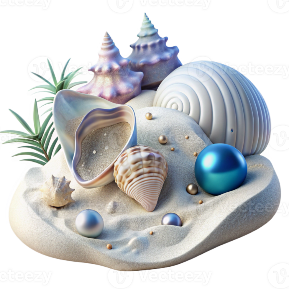 dramatic classic Seashells on White Sand Beach Transparent Background premium png
