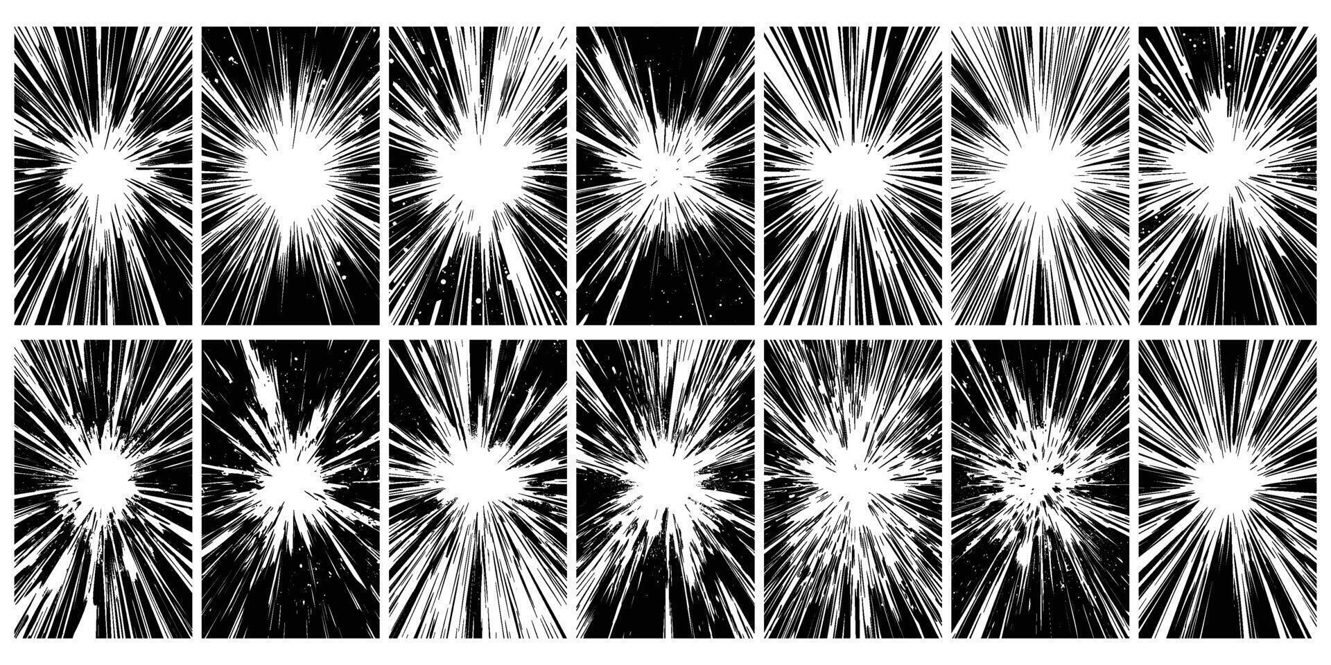 Dynamic monochromatic backgrounds displaying radial burst patterns collection vector