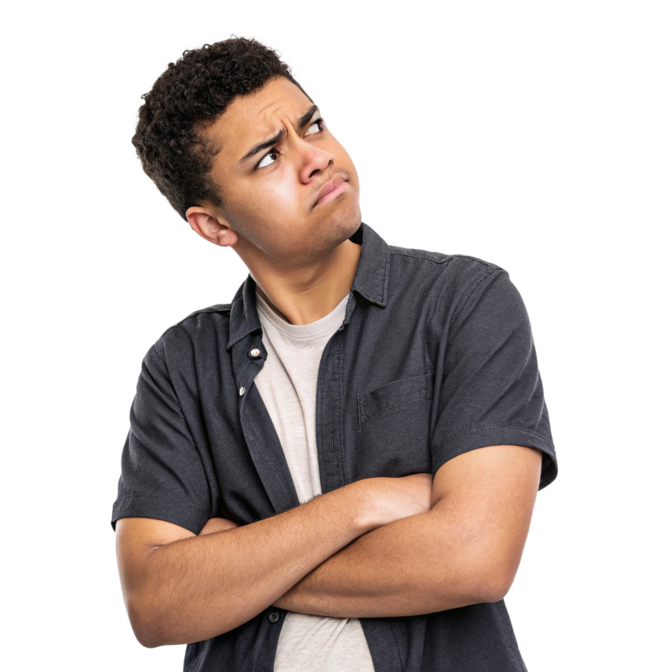 A young man with curly hair is looking upward with a skeptical expression while standing with his arms crossed png