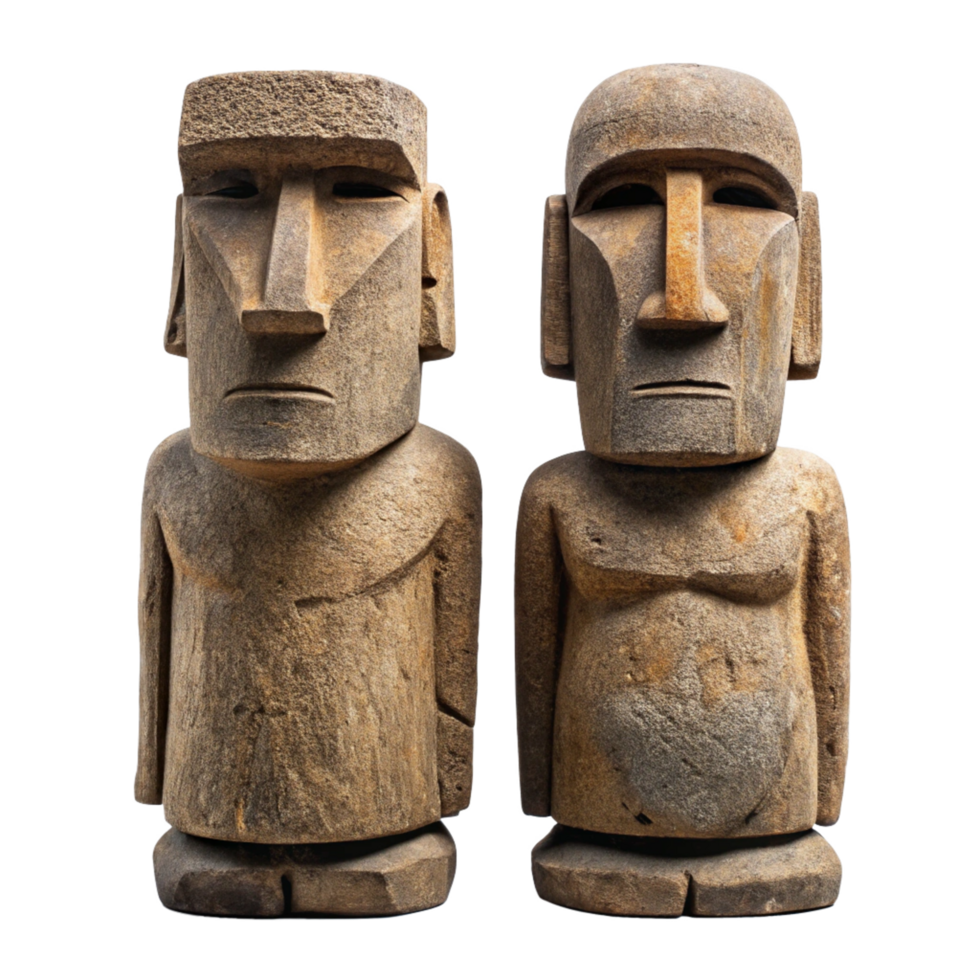 Ancient Stone Statues Pair Easter Island Moai Carvings Replica Polynesian Art Artifacts png