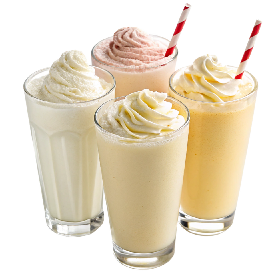 Four Delicious Milkshakes with Whipped Cream and Red and White Straws png