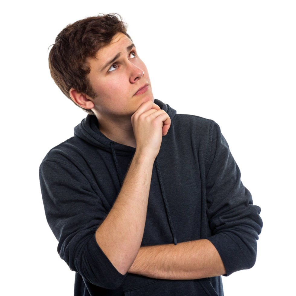 Teenage boy in a dark gray hoodie thoughtfully looking upward png