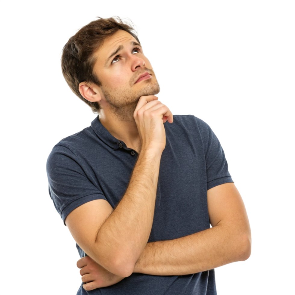 A young man with brown hair is deep in thought, hand to chin, looking upward in pensive contemplation png