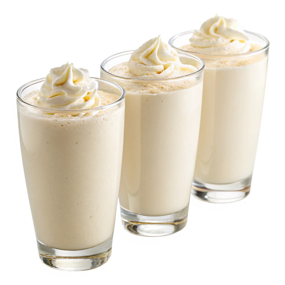 Three Delicious Creamy Vanilla Milkshakes with Whipped Cream Toppings png