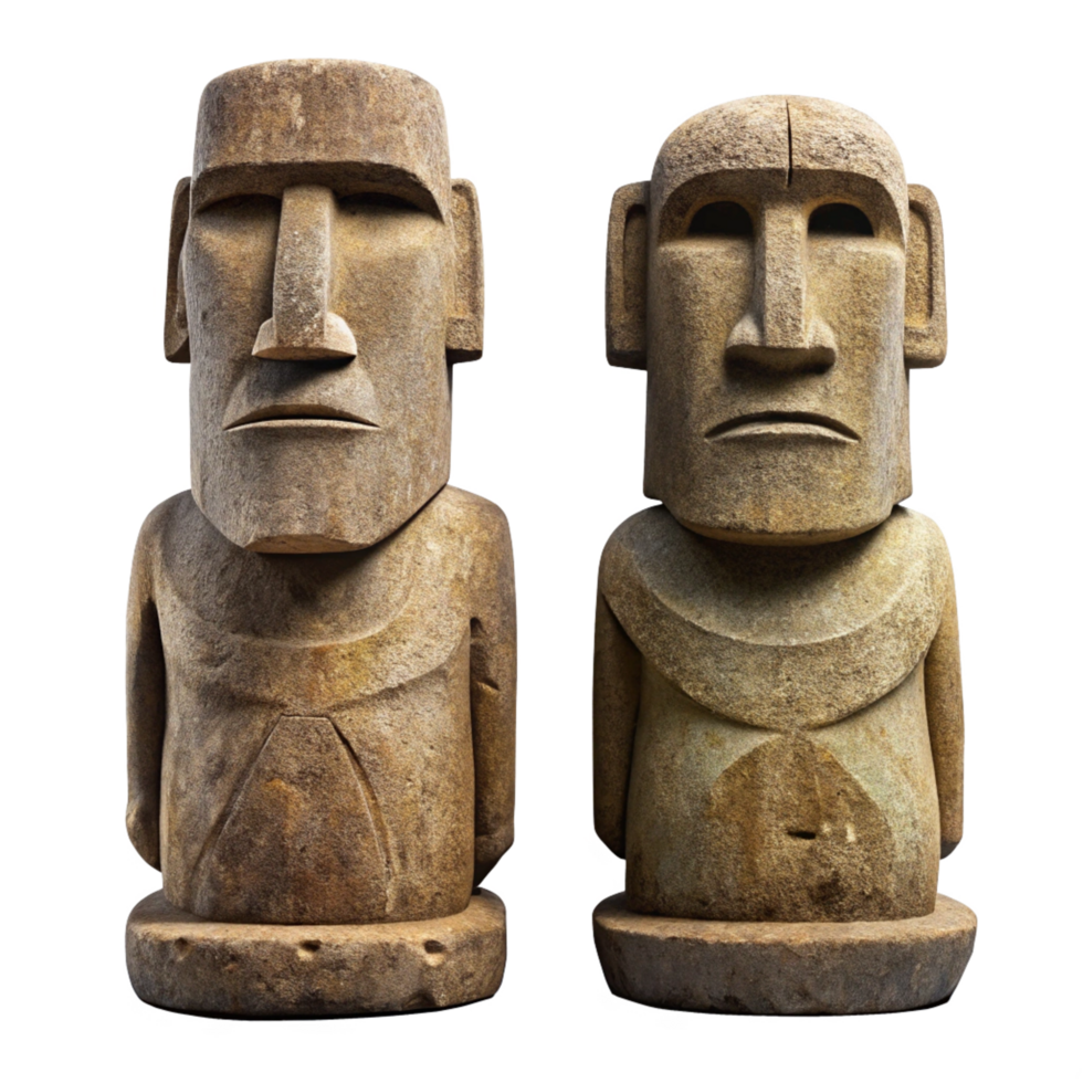 Ancient Stone Statues Pair Easter Island Moai Replica Carved Figures Polynesian Art png