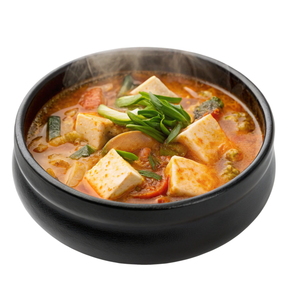 Delicious and Aromatic Steaming Hot Tofu Vegetable Soup in a Black Bowl png