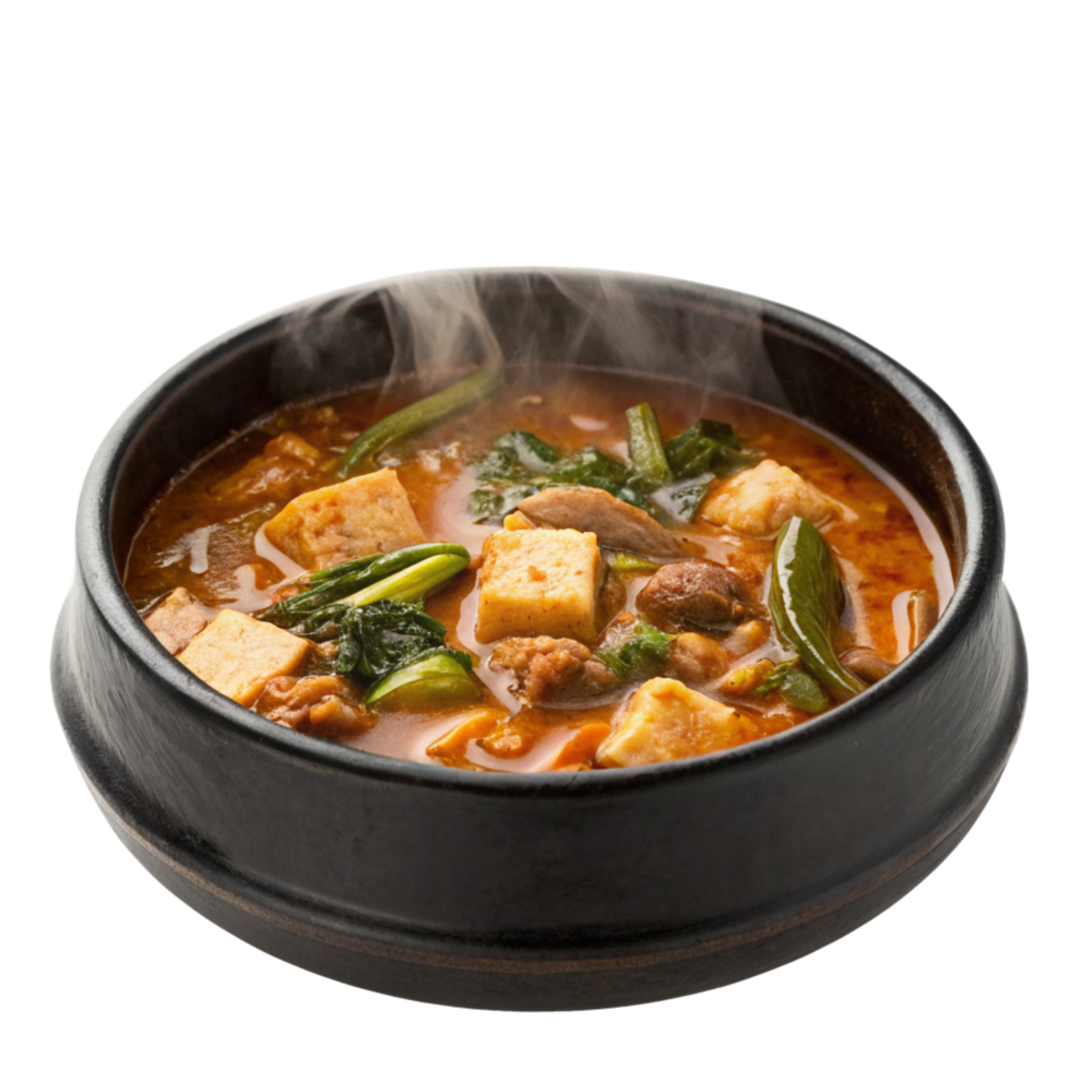 Aromatic and Savory Korean Doenjang Jjigae Stew in a Traditional Bowl png