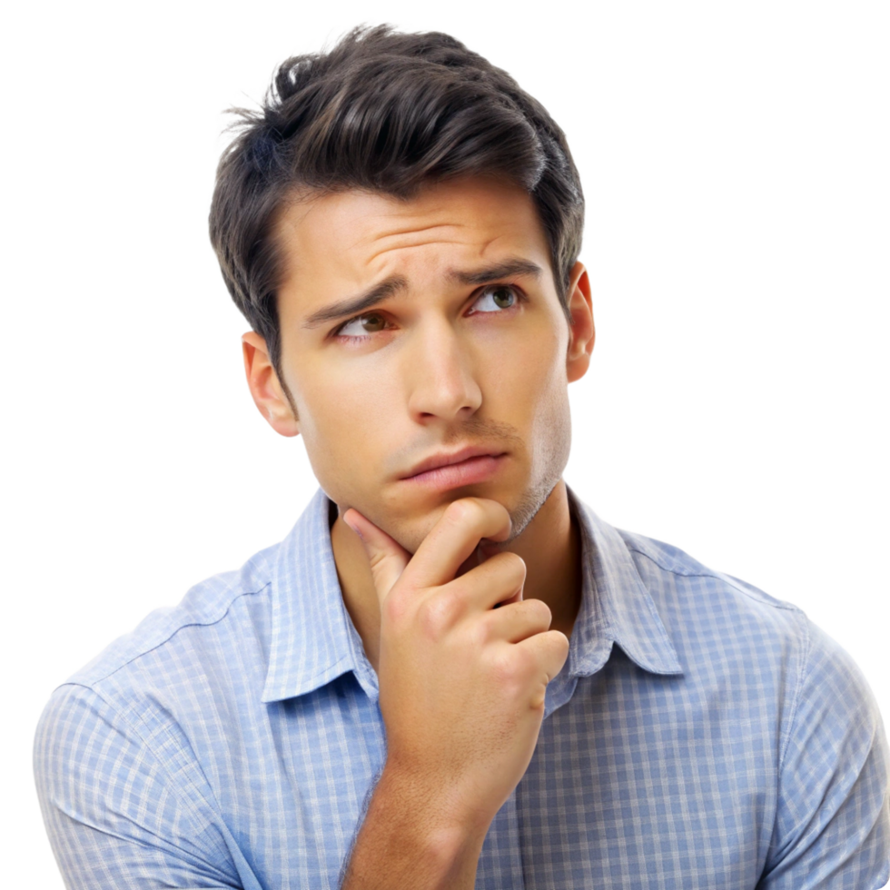 Young Man in Thoughtful Pose Wearing a Light Blue Checked Shirt png