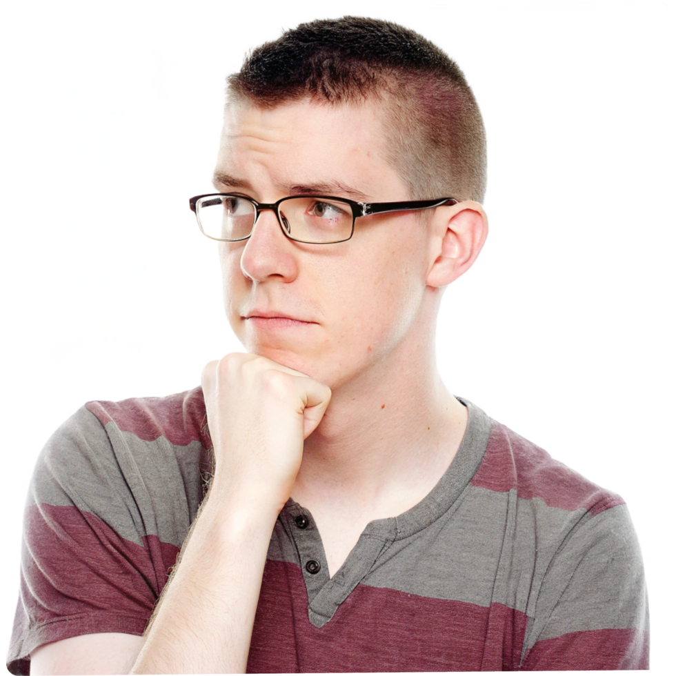 Thoughtful young man with glasses contemplating a question mark png