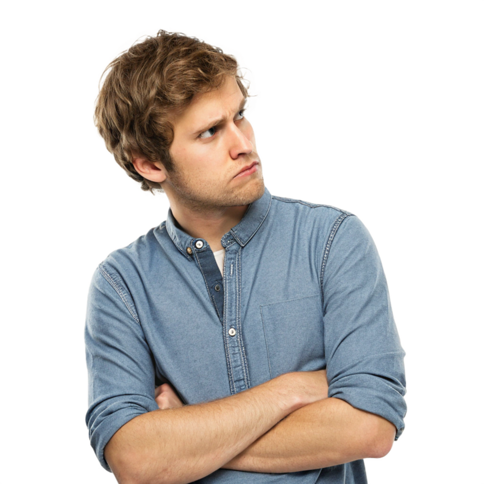 Skeptical Young Man with Arms Crossed Looking Away in Disbelief png