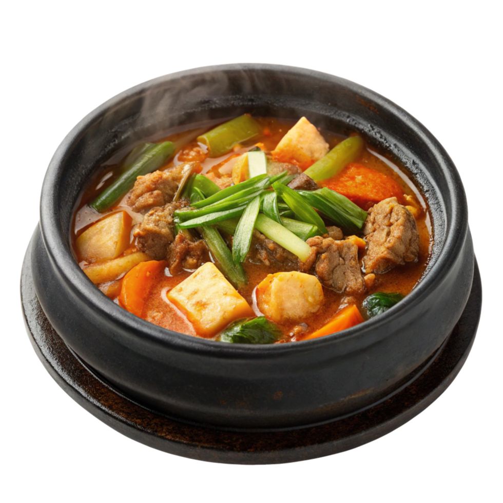 Delicious and Aromatic Korean Beef Stew in a Traditional Black Bowl png