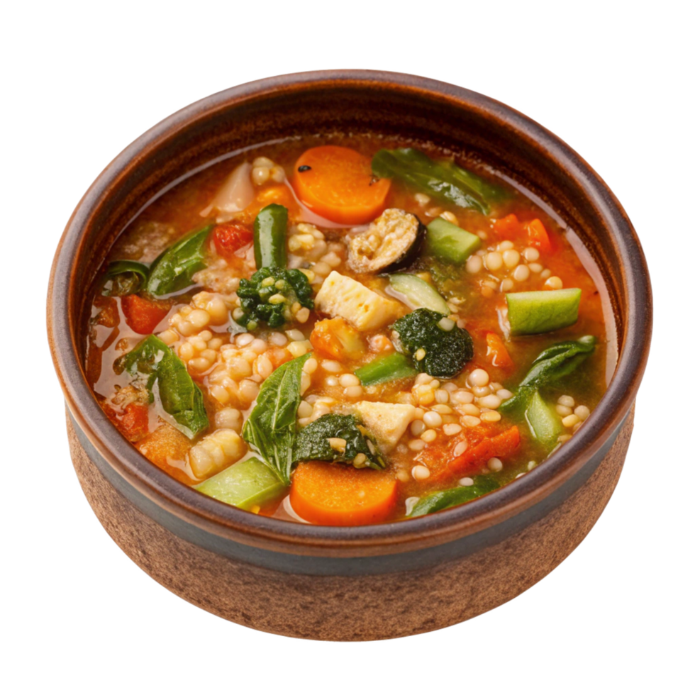 Hearty and Vibrant Vegetable Soup with Pearl Barley in a Rustic Bowl png