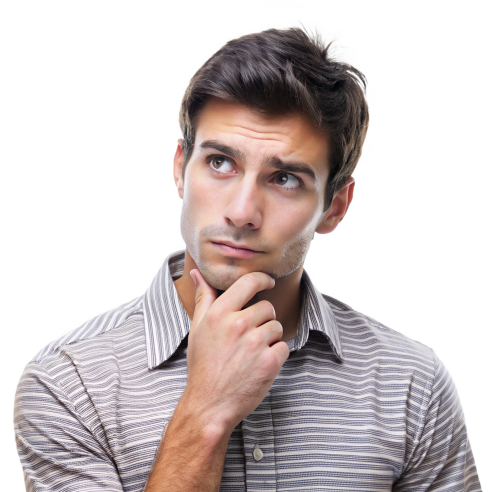 Thoughtful young man with hand on chin looking upward pensive expression casual striped shirt png