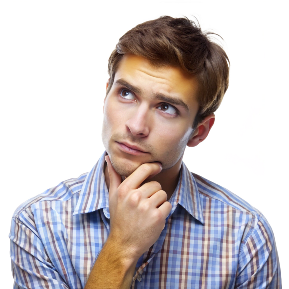 Young Man in Thoughtful Pose Contemplating a Decision or Problem png