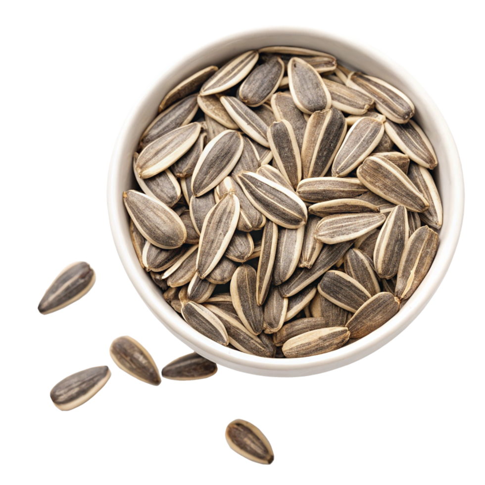A Bowl of Delicious Roasted Sunflower Seeds with Some Seeds Falling Out png