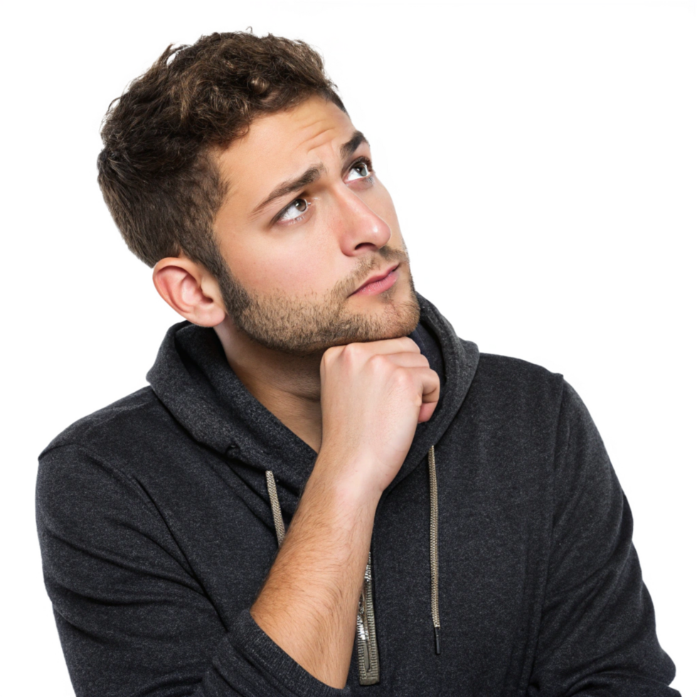 A young man with curly brown hair is thoughtfully looking upward while wearing a dark gray zipup hoodie png