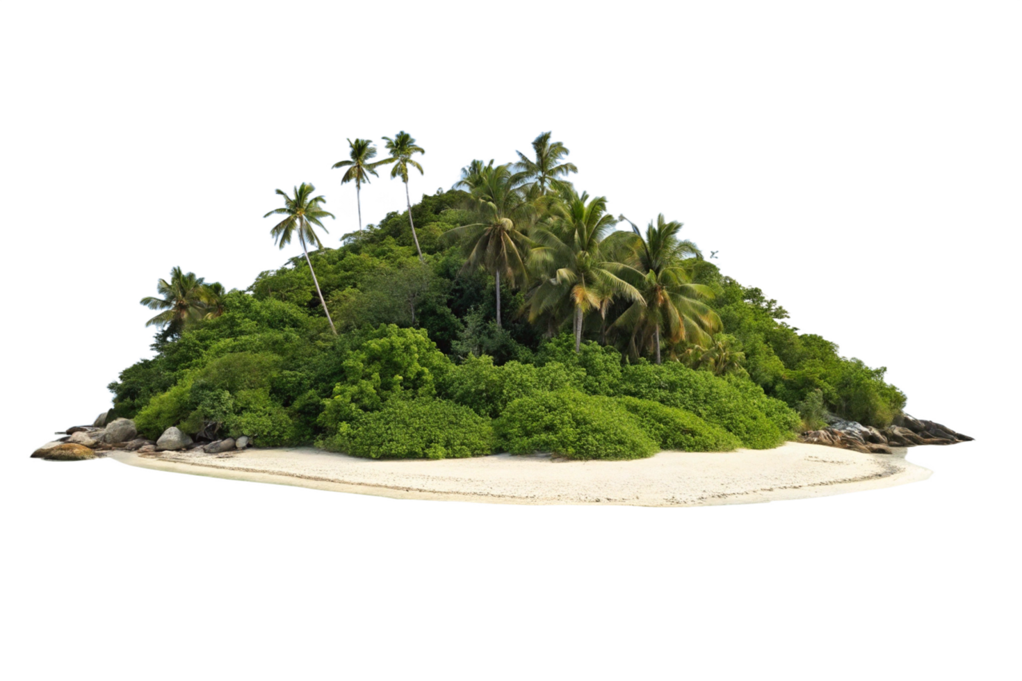 Lush Tropical Island Paradise with White Sandy Beach and Swaying Palm Trees png