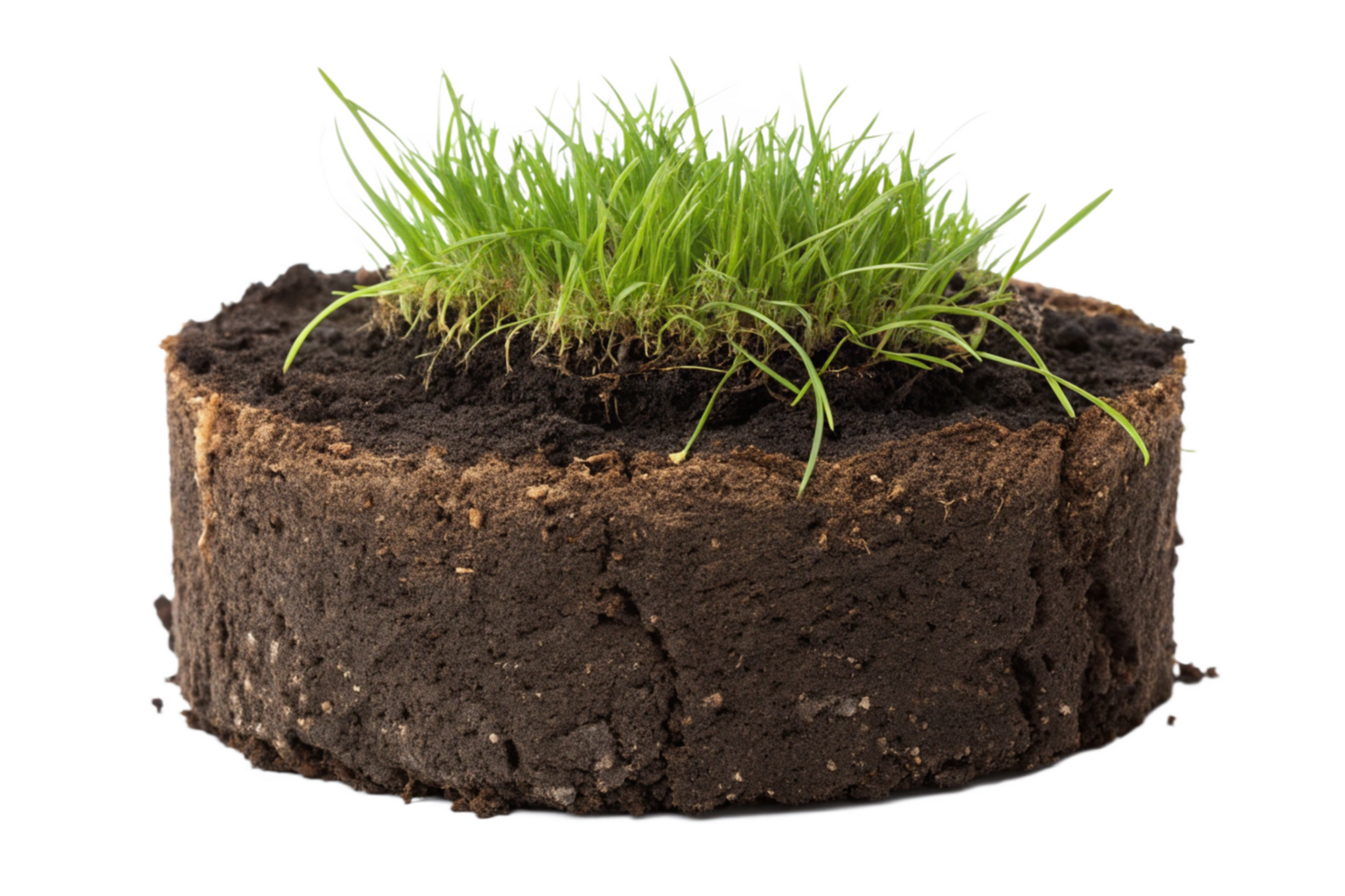 A Detailed Closeup of a Cross Section of Soil with Lush Green Grass Growing on Top png