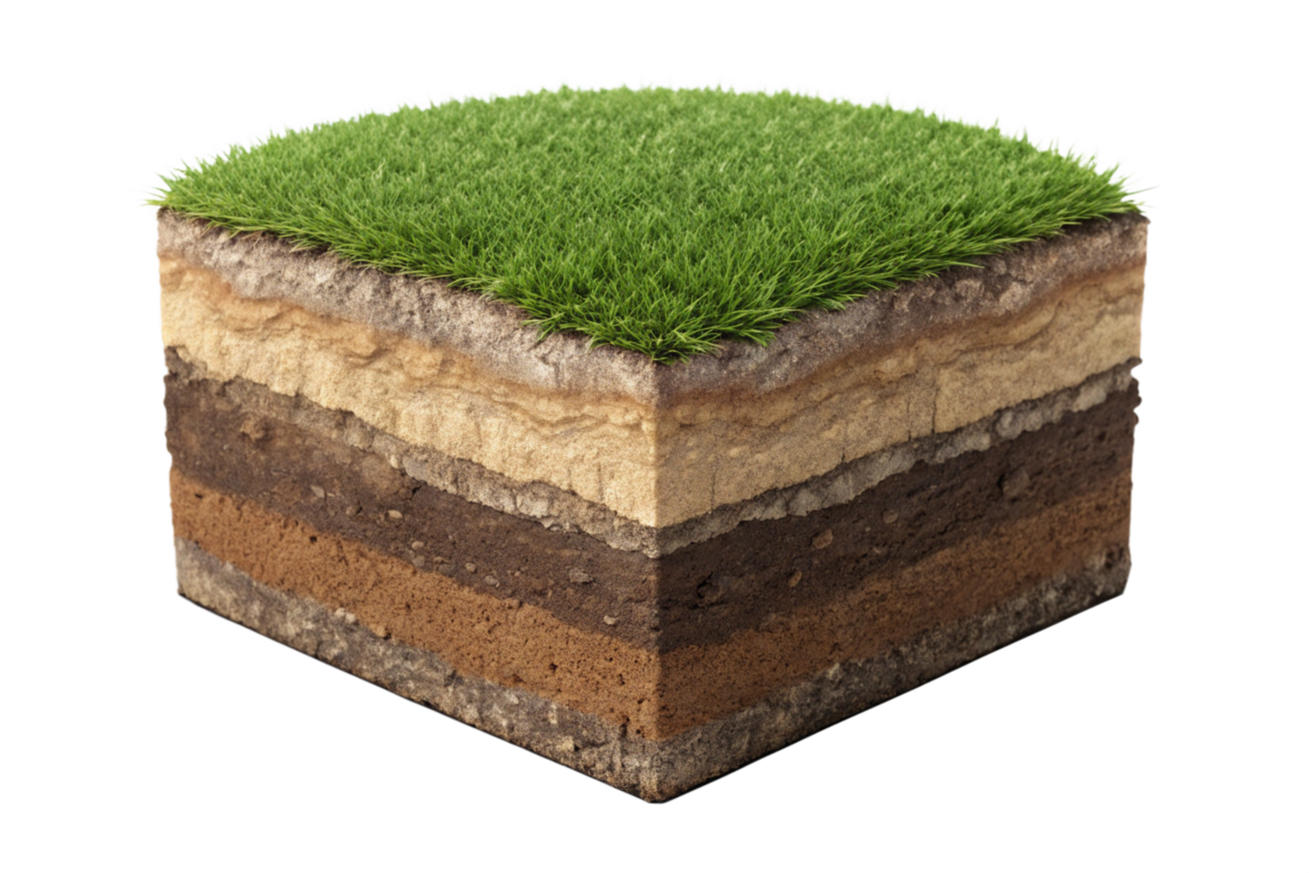 Crosssection of soil layers with lush green grass on top showing different layers of earth png