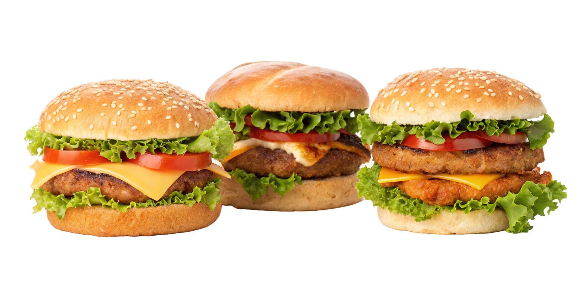 Three Delicious Cheeseburgers with Sesame Seed Buns, Lettuce, Tomato, and Melted Cheese png