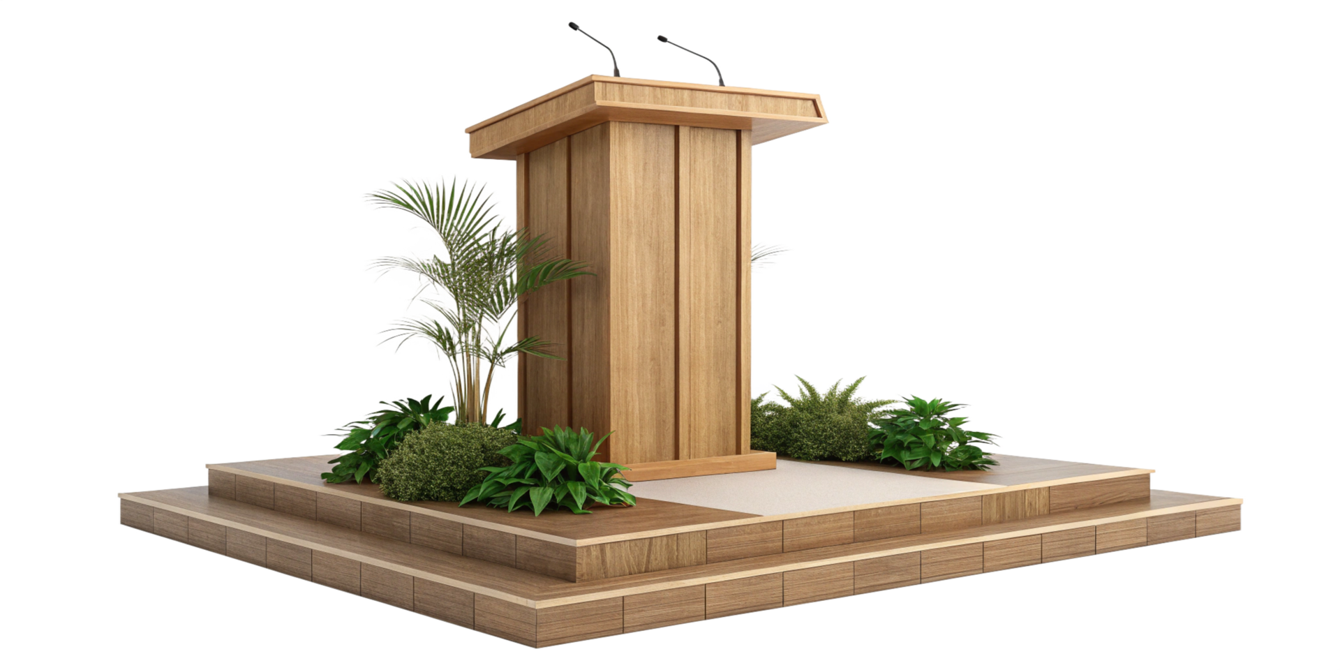 Elegant Wooden Podium with Two Microphones and Lush Greenery on a MultiTiered Platform png