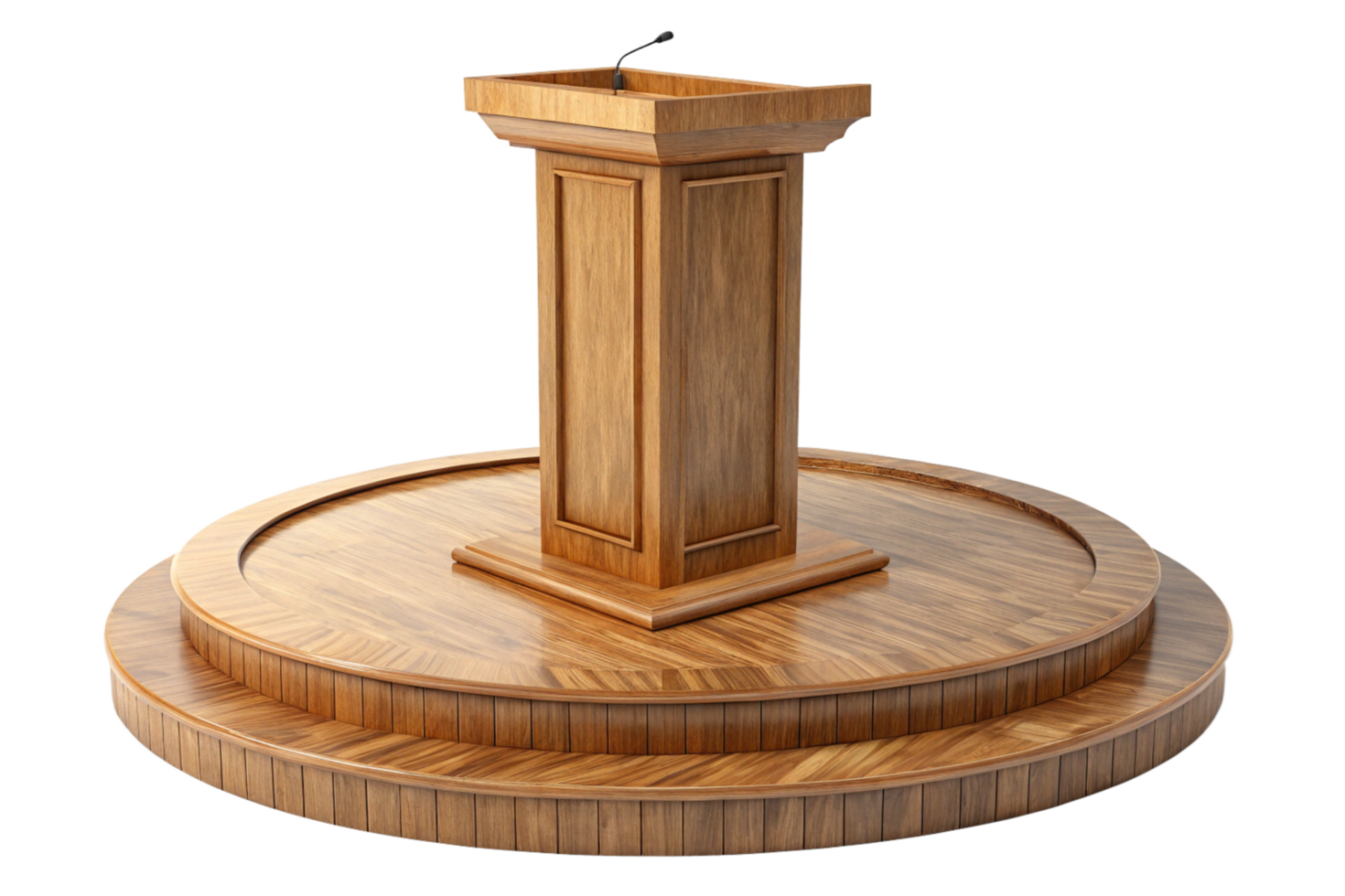 Elegant Wooden Podium with Integrated Microphone on a Circular Raised Stage png