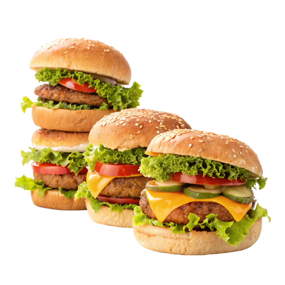 Delicious TripleDecker and Double Cheeseburgers with Fresh Lettuce and Tomato png