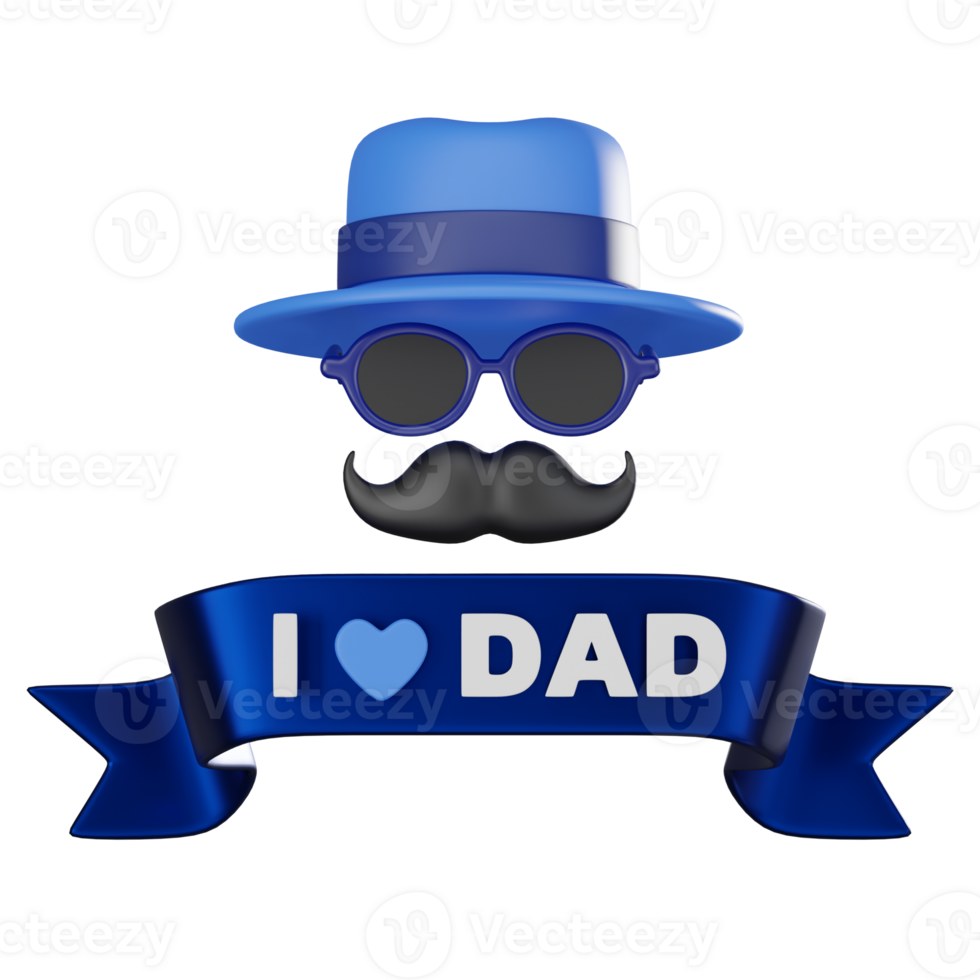 3D Rrender Typography I Love Dad on Ribbon, Mustache, Hat and Glasses for Father Day png