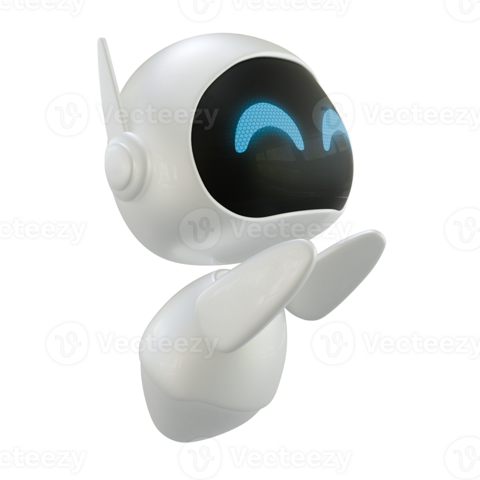 Personal assistant robot with a flying gesture. Mini robot 3d character. png