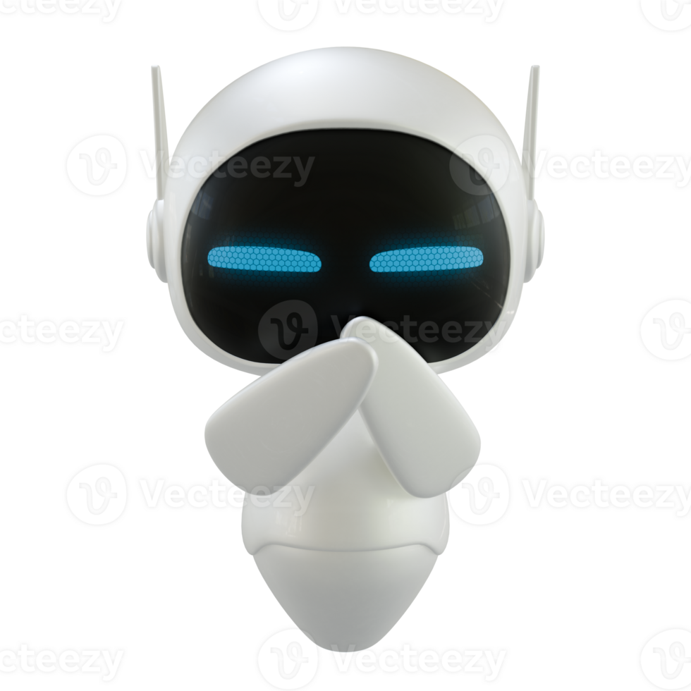 Artificial intelligence personal assistant robot with a suspicious gesture. Mini robot 3d character. png