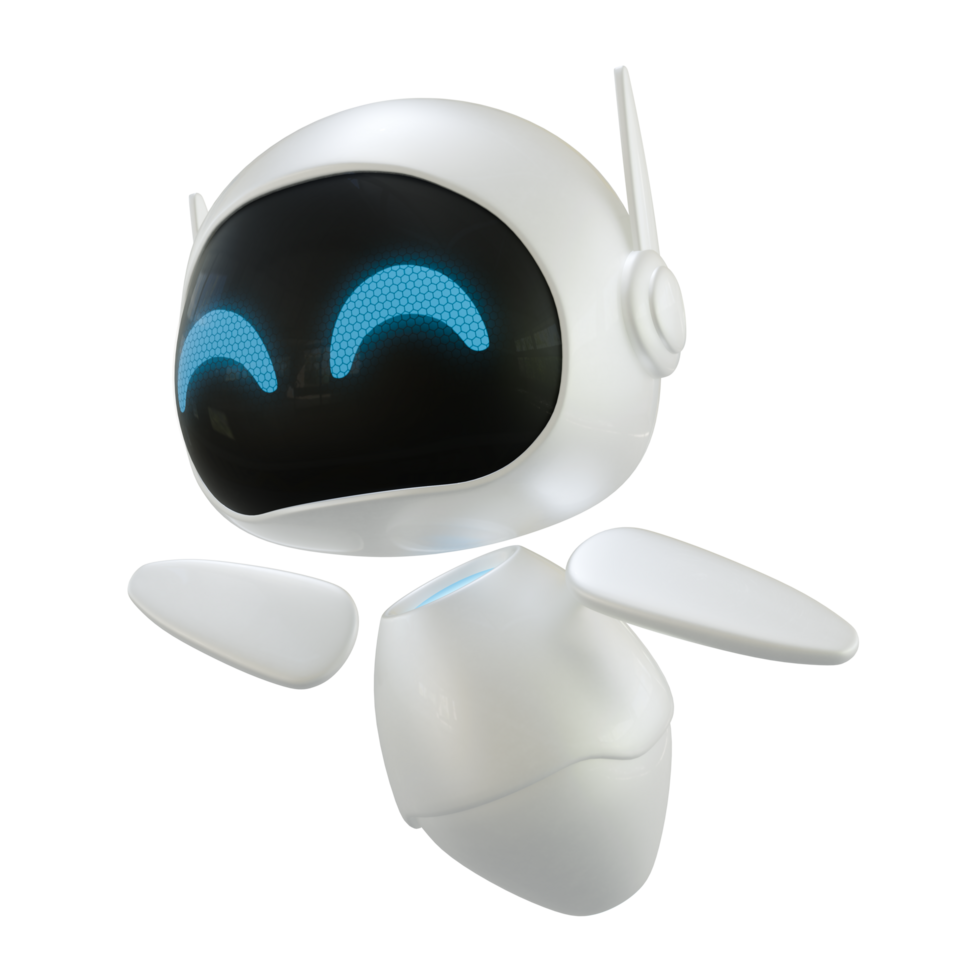 Artificial intelligence personal assistant robot with a flying gesture. Mini robot 3d character. png