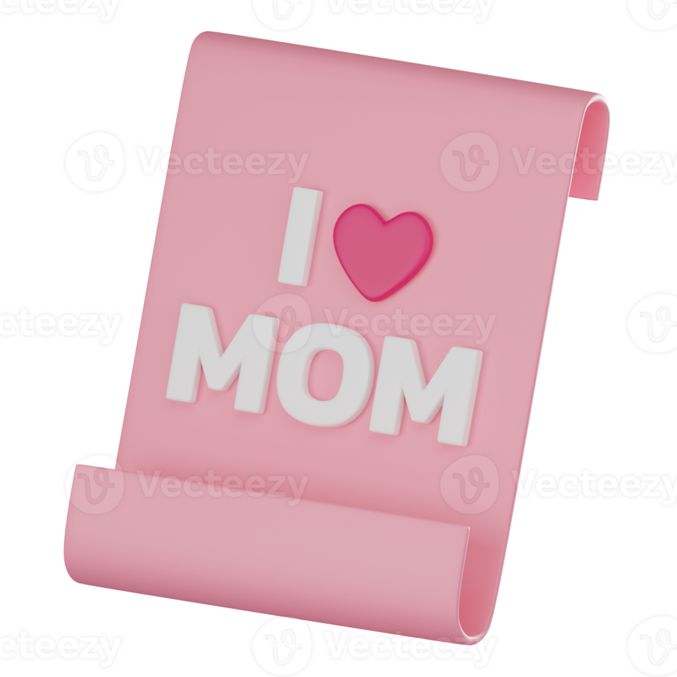3D Rrender Typography I Love Mom Heart with Letter Paper for Mother Day. Icon illustration png