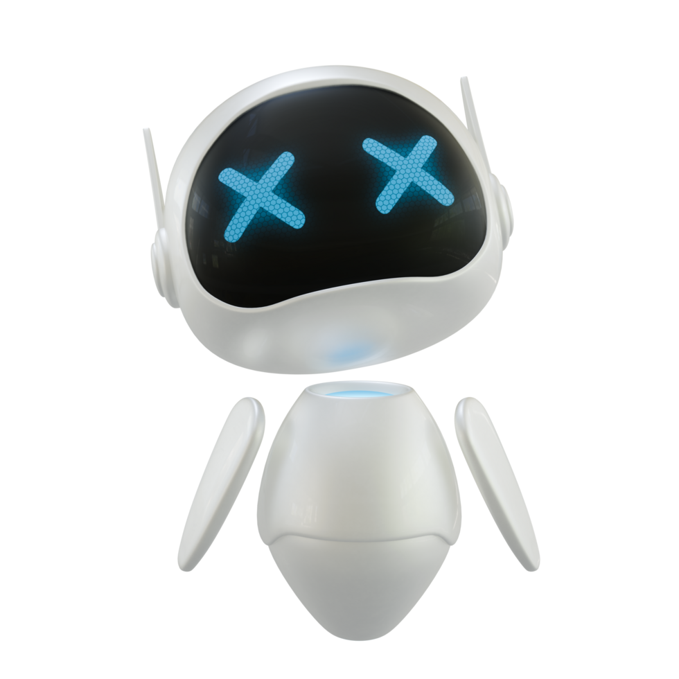 Artificial intelligence personal assistant robot with a dead or error gesture. Mini robot 3d character. png