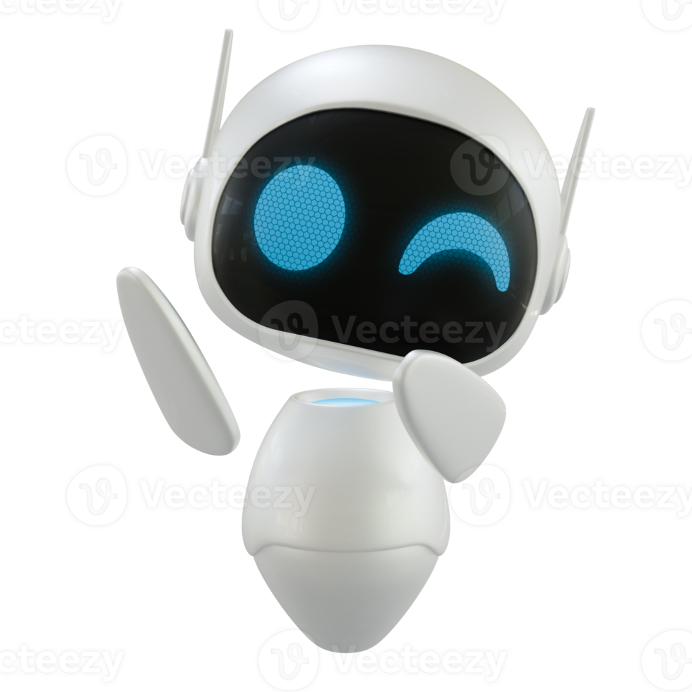 Personal assistant robot with a wink eye gesture. Mini robot 3d character. png
