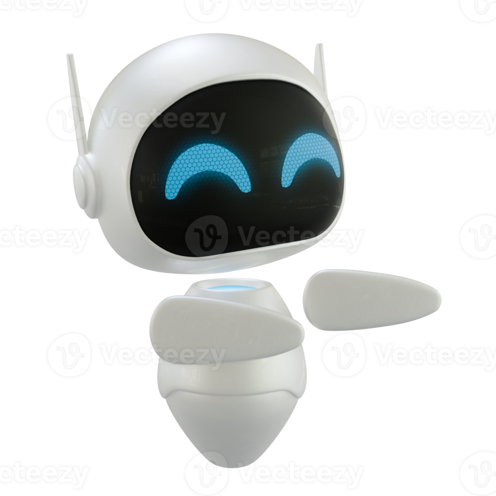 Artificial intelligence personal assistant robot with a pointing side gesture. Mini robot 3d character. png