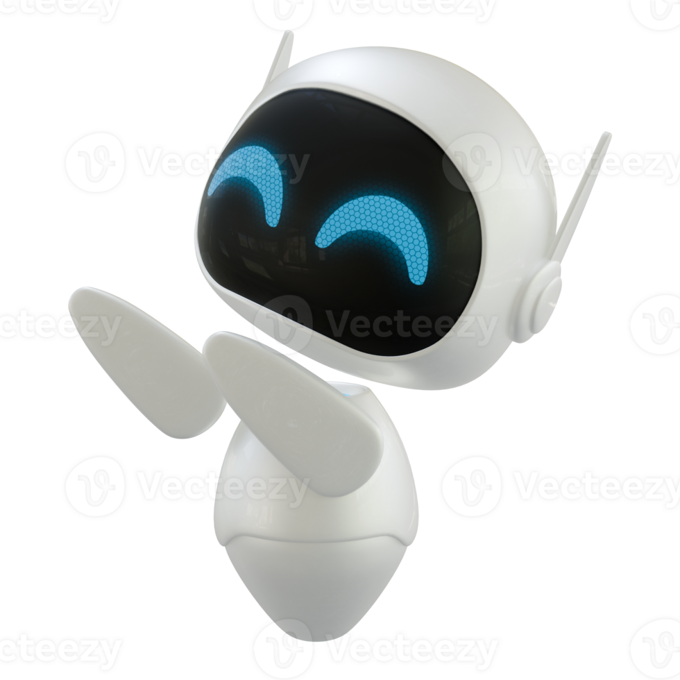 Artificial intelligence personal assistant robot with a pointing up gesture. Mini robot 3d character. png