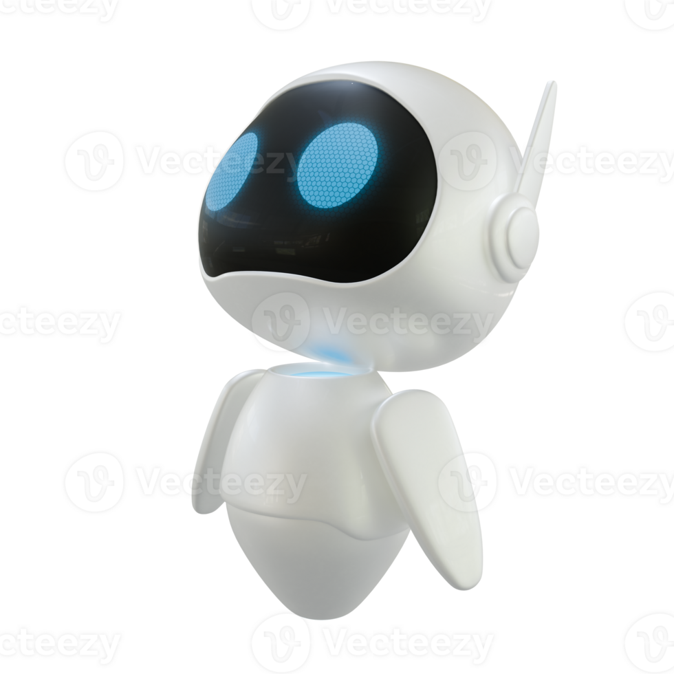 Artificial intelligence personal assistant robot with a looking to the sky gesture. Mini robot 3d character. png
