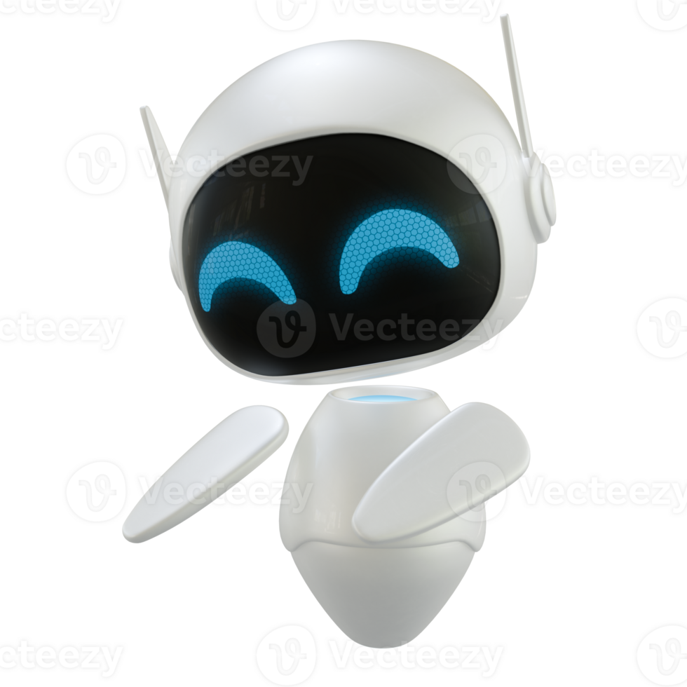 Ai personal assistant robot with a pointing down gesture. Mini robot 3d character. png