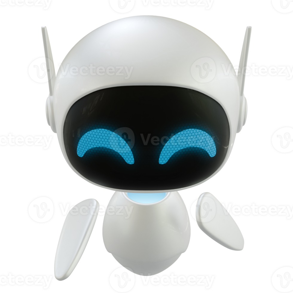 Artificial intelligence personal assistant robot with a pointing down gesture. Mini robot 3d character. png