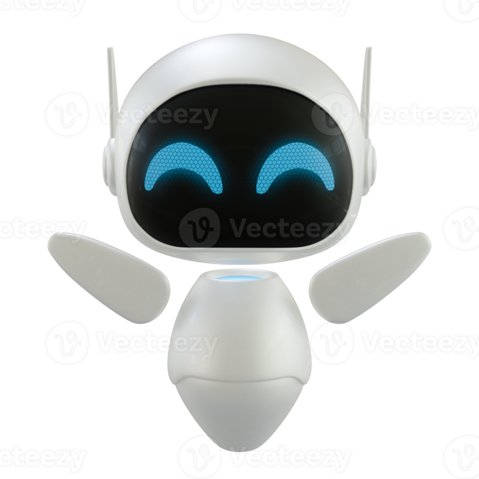 Artificial intelligence personal assistant robot with a happy gesture. Mini robot 3d character. png